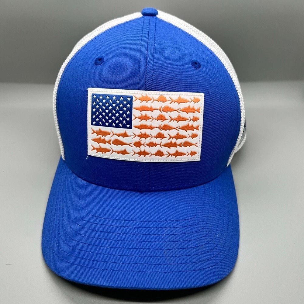 PFG Columbia FlexFit Blue and White Ball Cap Hat with Fish Flag Design